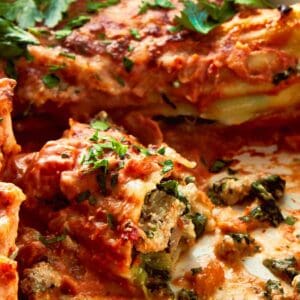 a side view of turkey and spinach cannelloni the tube is cut in half exposing the inside that is green and white and cheese and basil on top