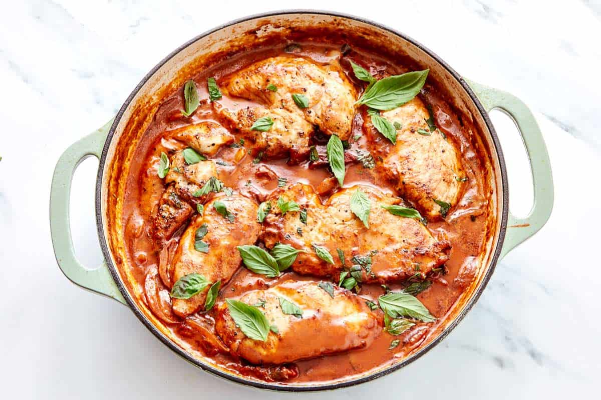Finished dish served hot and ready, creamy, saucy, and rich.