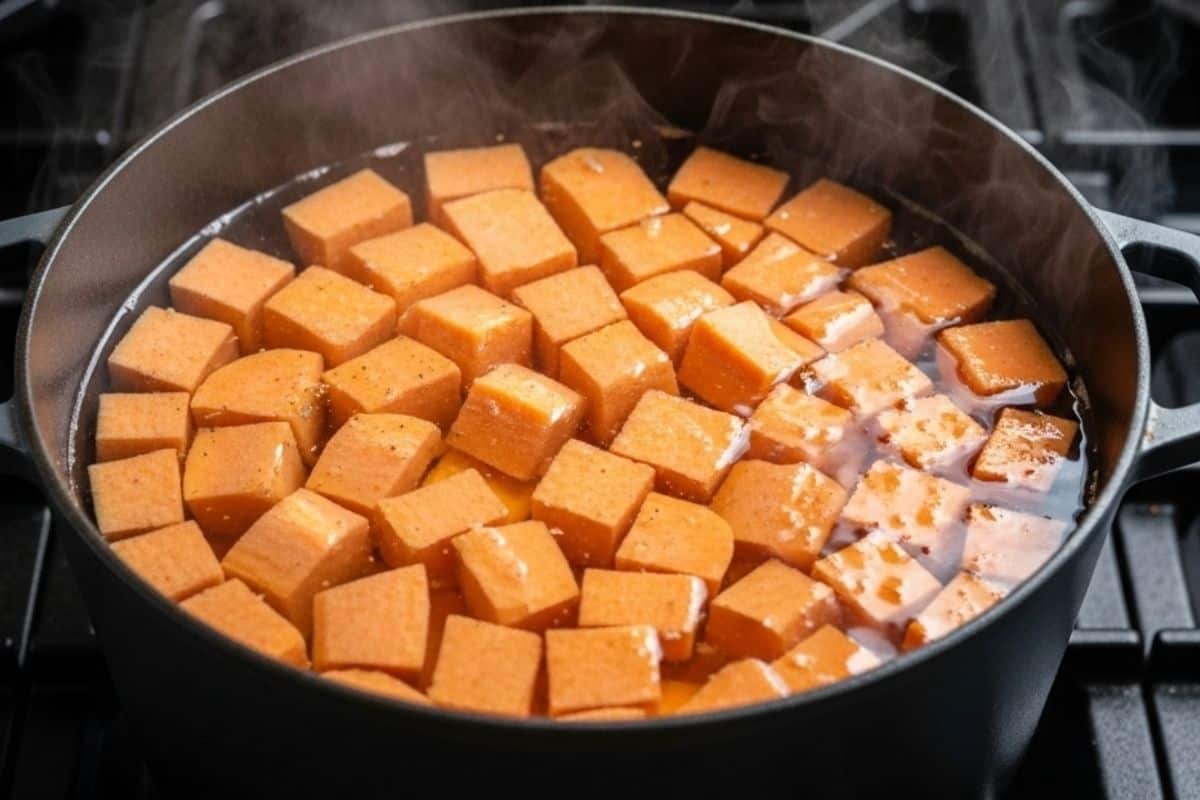 cut and peel the sweet potatoes into 2-inch cubes and boil