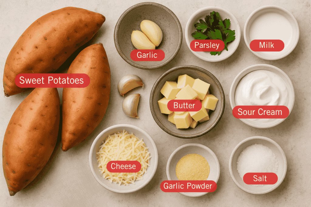 A labeled flatlay photo of ingredients for mashed sweet potatoes arranged on a neutral surface. Visible are whole sweet potatoes, peeled garlic in a bowl, cubed butter, sour cream, milk, parsley leaves, shredded cheese, garlic powder, and salt.