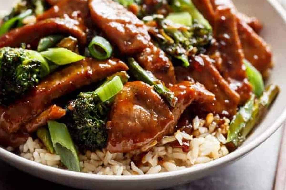 Close-up shot of Mongolian Beef and Broccoli.