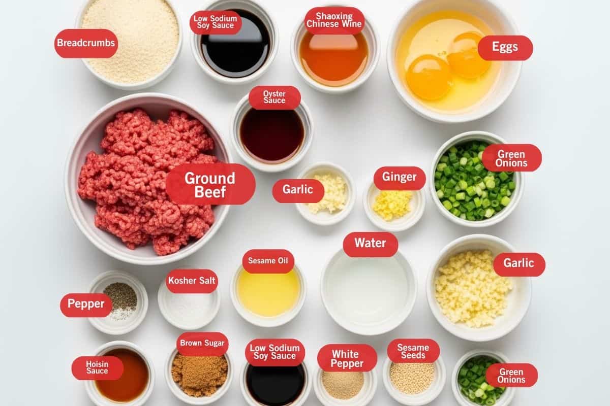 Flat lay photo of ingredient shot of breadcrumbs, low sodium soy sauce, shoaxing Chinese wine, eggs, ground beef, oyster sauce, garlic, ginger, green onions, pepper, kosher salt, sesame oil. water, hoisin sauce, brown sugar, white pepper, sesame seeds