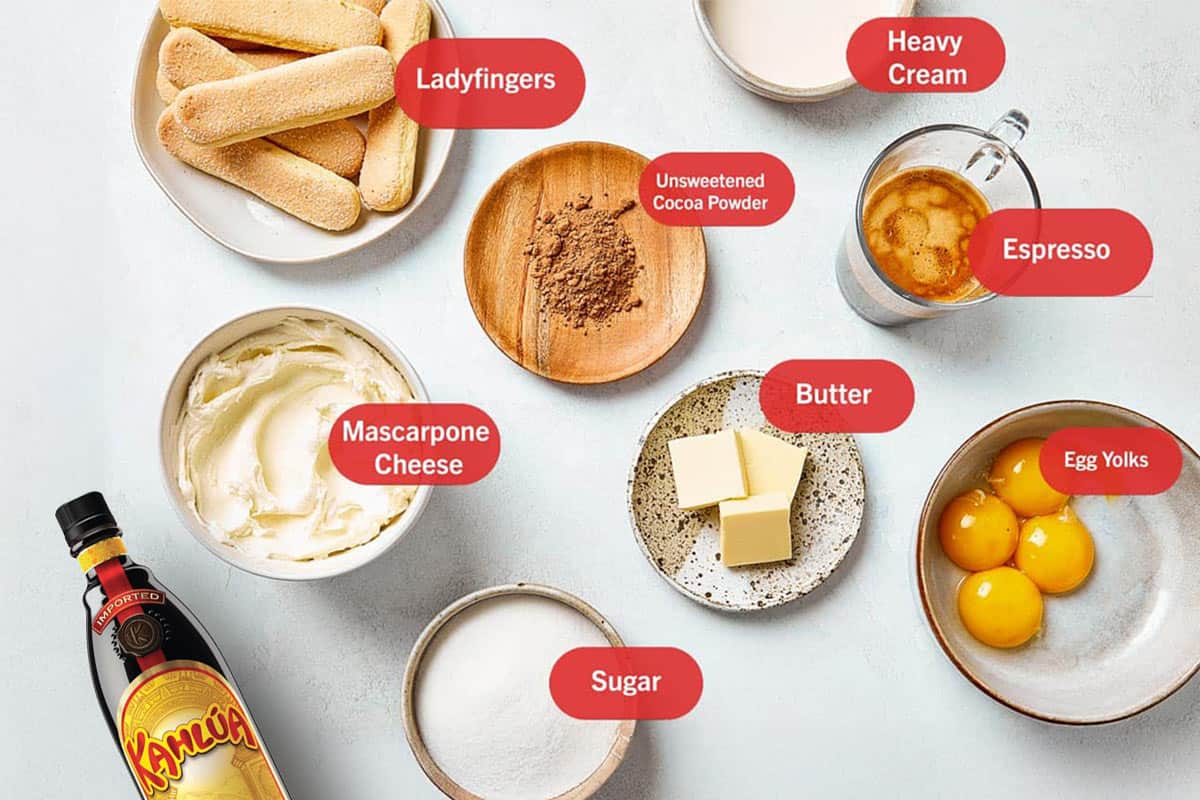 Top view of tiramisu ingredients: ladyfingers, mascarpone cheese, sugar, egg yolks, butter, espresso, unsweetened cocoa powder, and heavy cream, labeled and arranged on a white surface