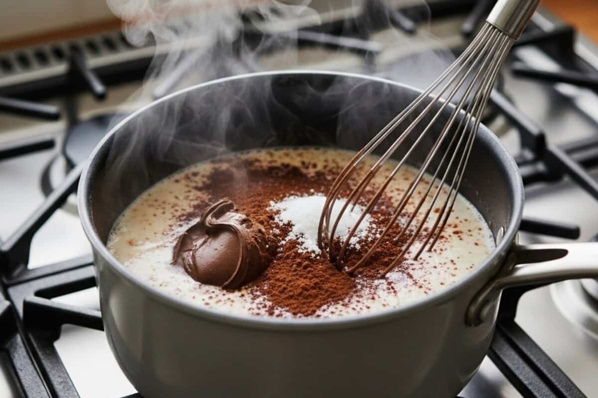 In a medium sauce pan, heat the milk and add Nutella, cocoa powder and whisk until everything is fully disolved