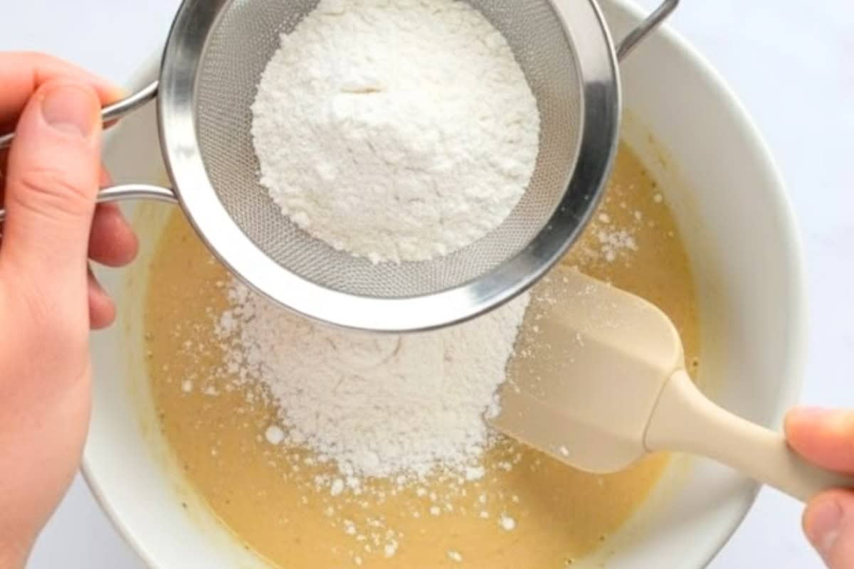 Sift in the flour, baking powder, and salt. Fold the mixture until combined