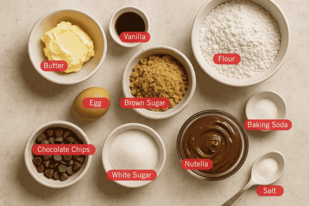 Labeled flatlay image of ingredients for a Nutella cookie pie. Bowls are arranged on a light surface and include butter, vanilla, flour, brown sugar, white sugar, Nutella, chocolate chips, baking soda, and salt. An egg is placed directly on the surface, and each ingredient is clearly labeled with red tags.