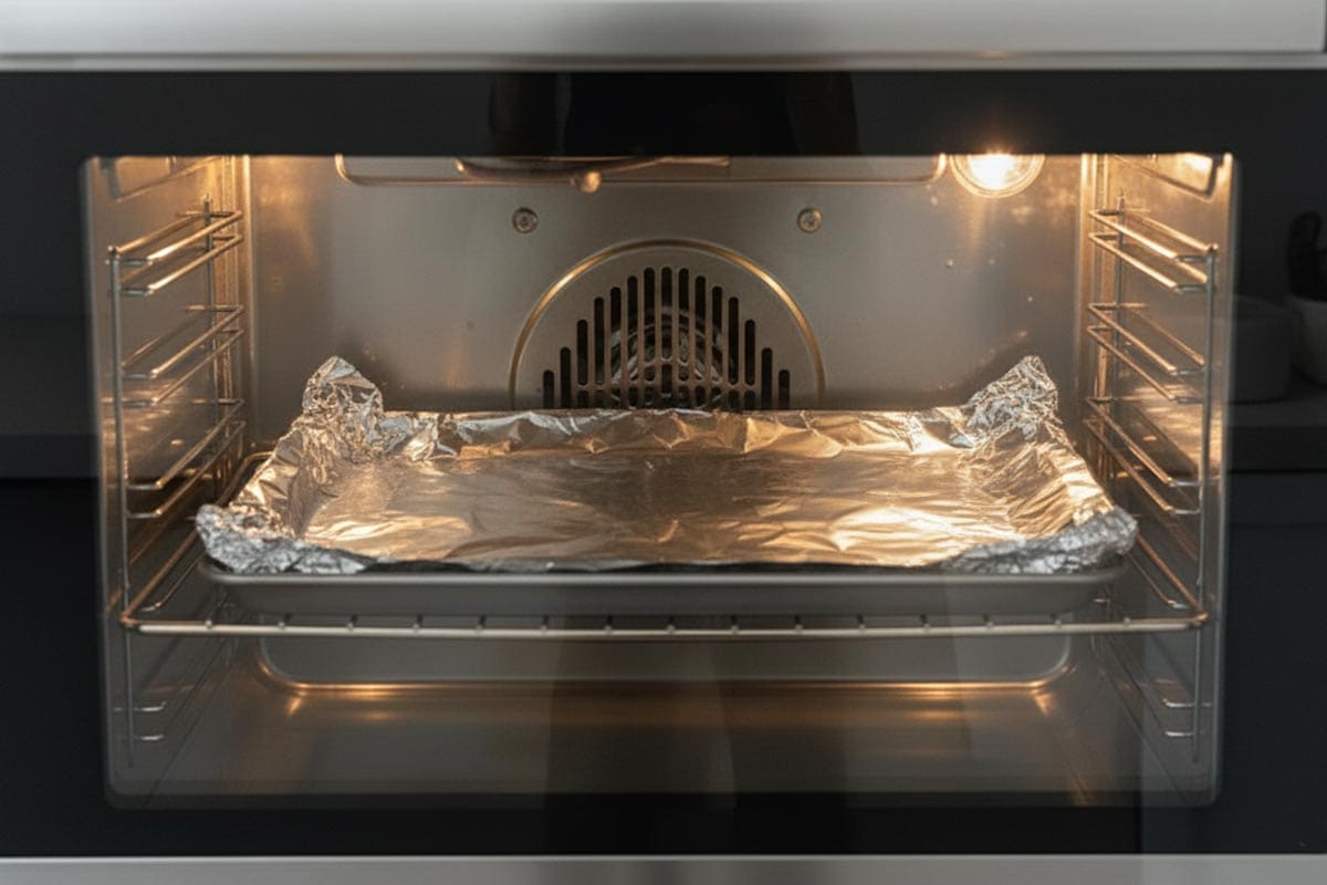 Tray covered with foil in an oven.
