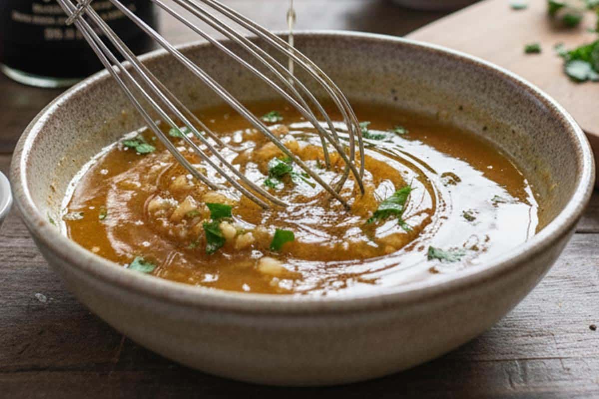 Lemon juice, honey, soy sauce, garlic, half the parsley, salt, and pepper whisked in a bowl.
