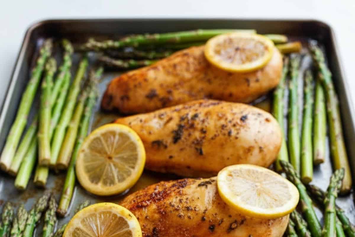 Nearly cooked chicken topped with lemon slices and asparagus arranged around the chicken.