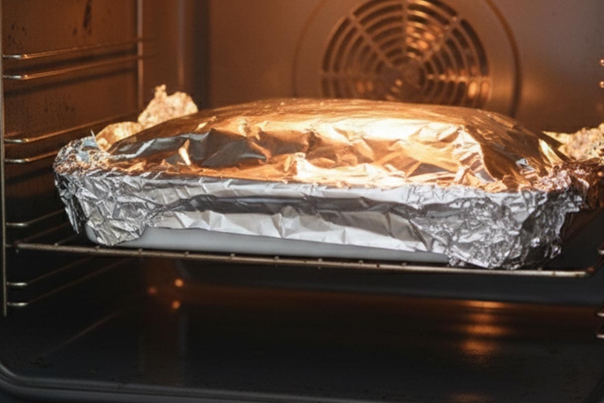Placed the pan covered with foil in the oven.