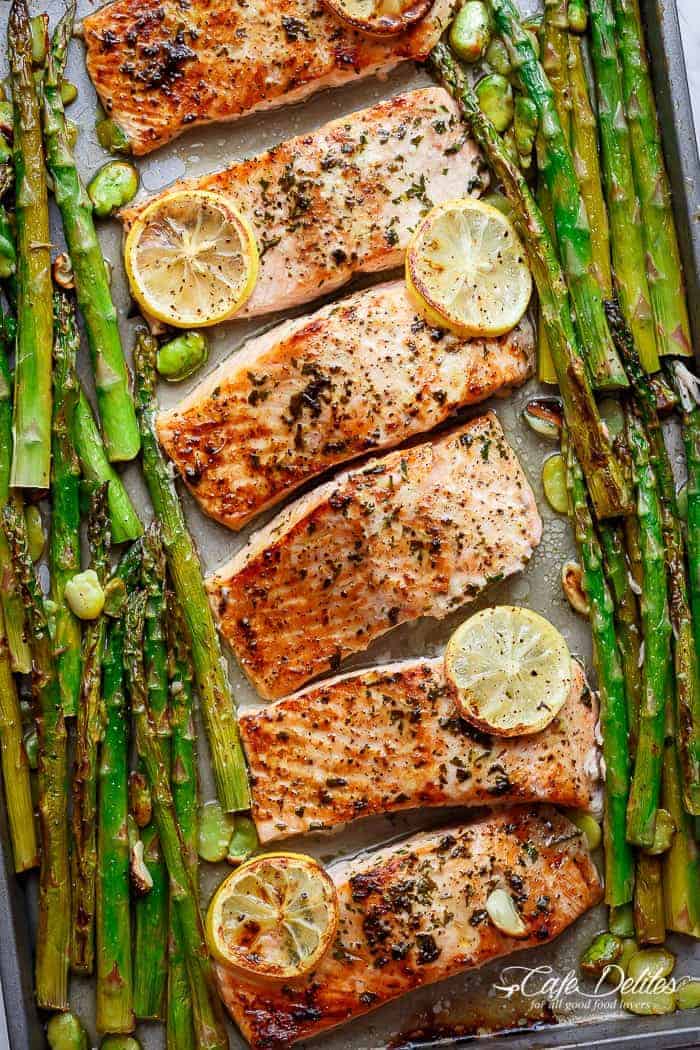 One Pan Baked Lemon Garlic Salmon and Asparagus