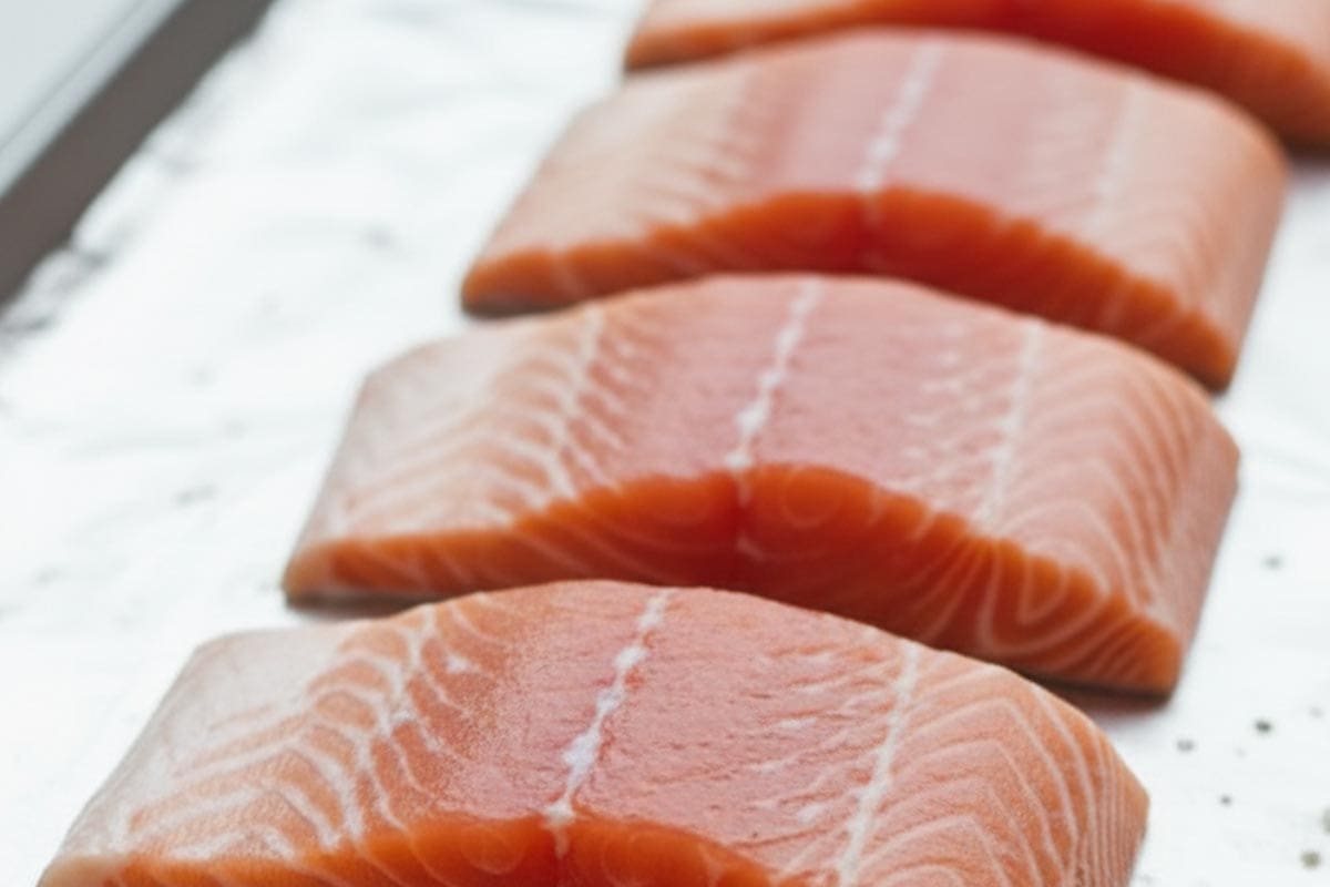 Salmon fillets on the tray in a single layer.