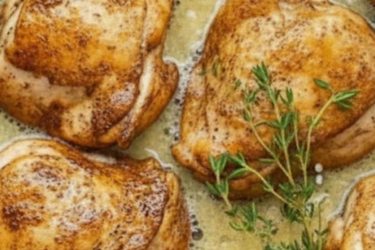 Add lemon juice to the skillet, then sprinkle thyme leaves over the chicken. Nestle a few thyme sprigs around the thighs for extra flavor.