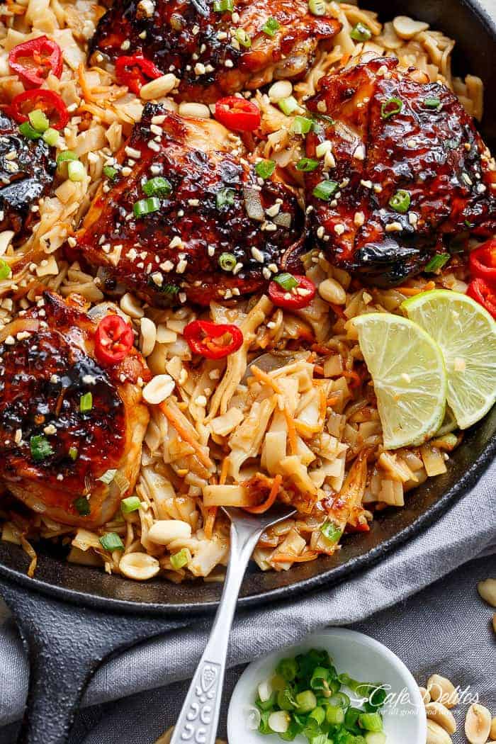 Thai inspired chicken recipe served with Thai Rice noodles, cooked in one skillet! |