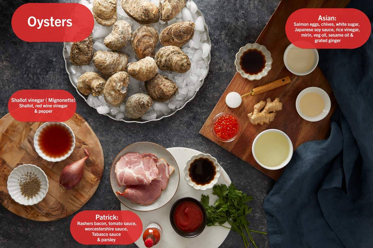 Fresh oysters on ice with ingredients for three toppings