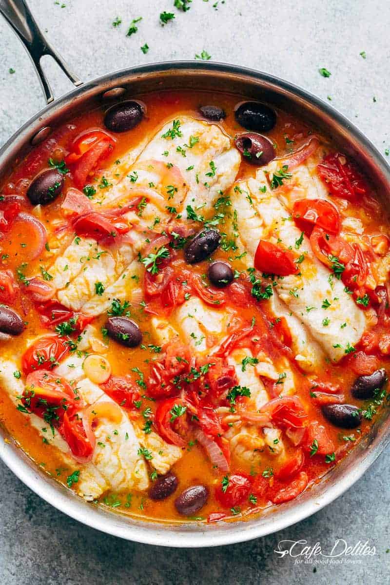 Pan Seared Fish, plus Tomatoes & Olives