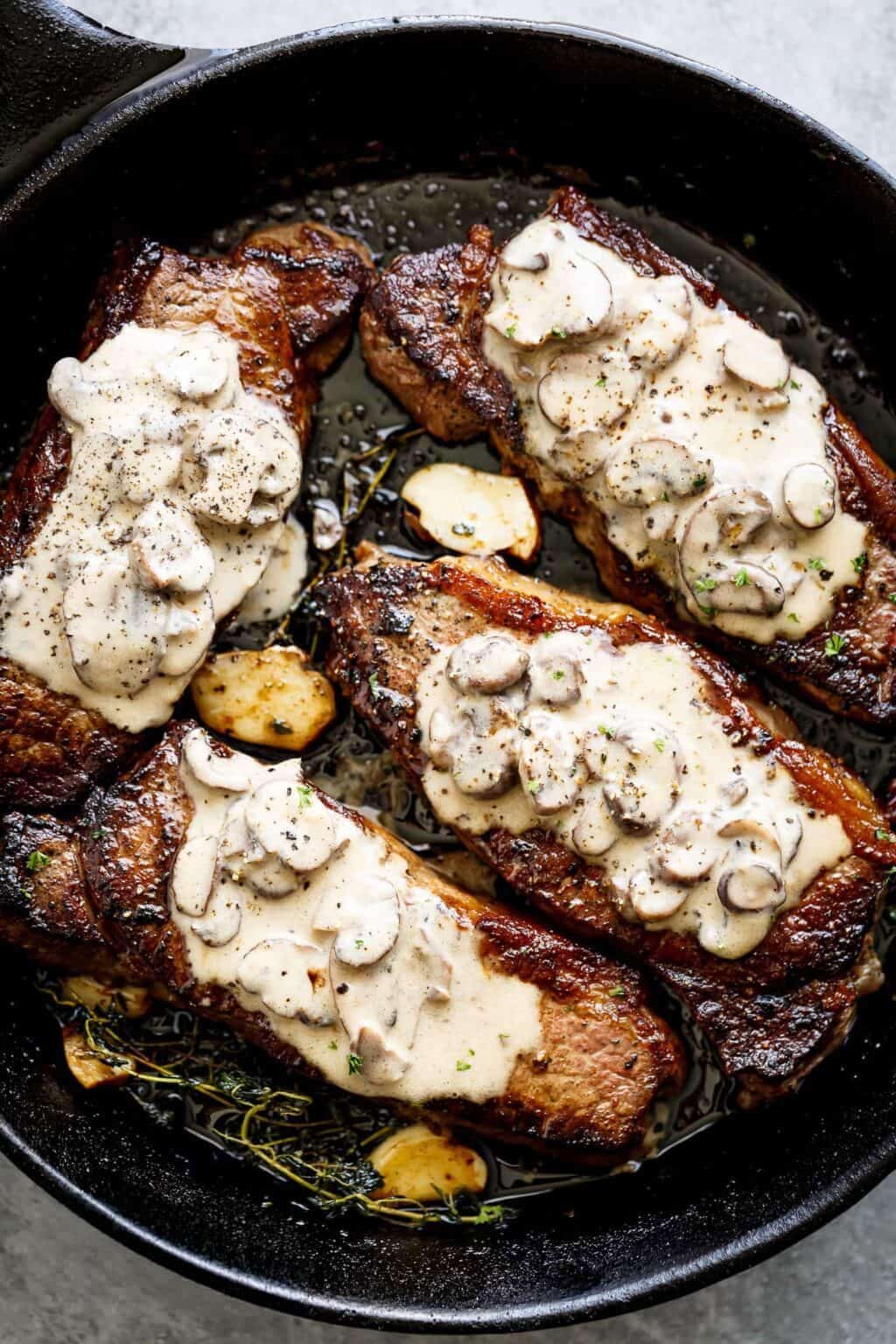 Pan Seared Garlic Butter Steak & Mushroom Cream Sauce