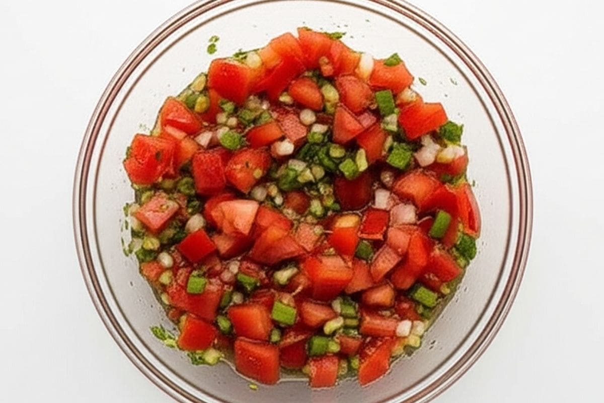 in a bowl, combine tomatoes, spring onions, jalapeño, coriander, garlic, salt, pepper and lime juice.
