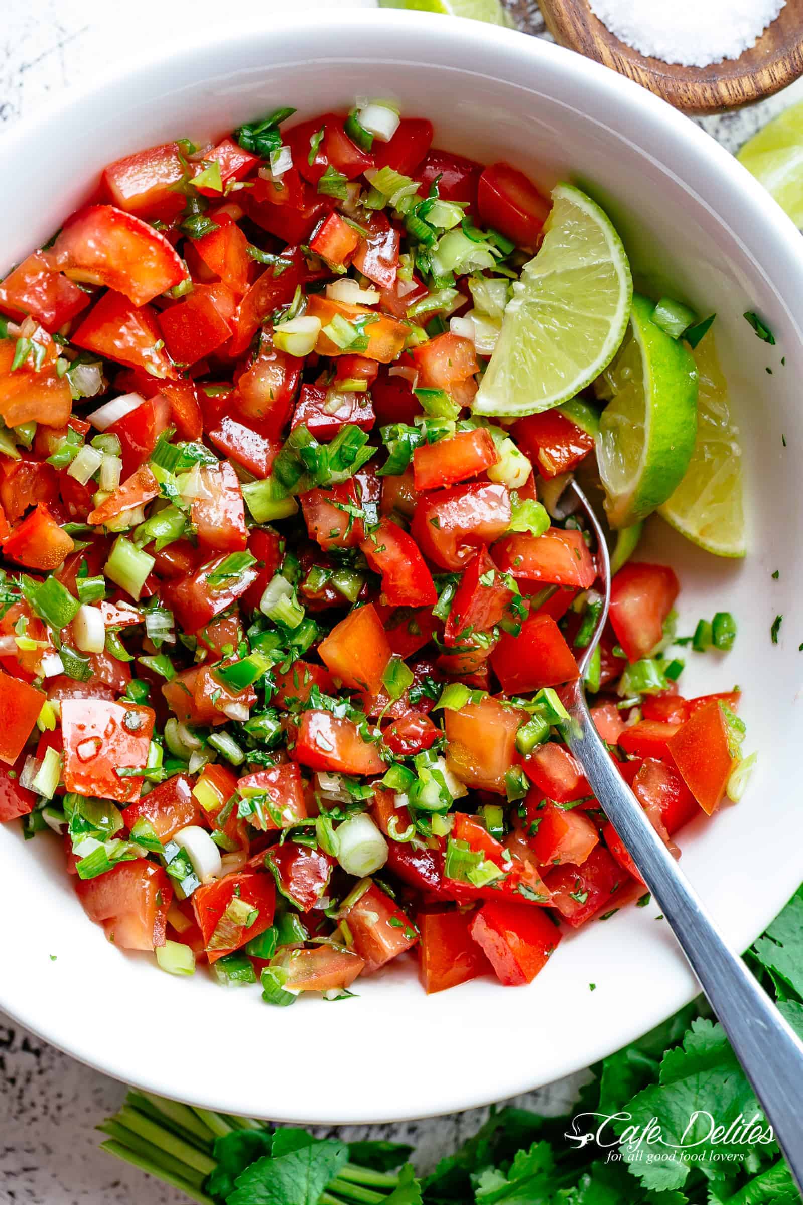 Pico De Gallo is a super easy to make fresh tomato salsa you can serve with anything! From tortilla chips to tacos, enchiladas or Carne Asada