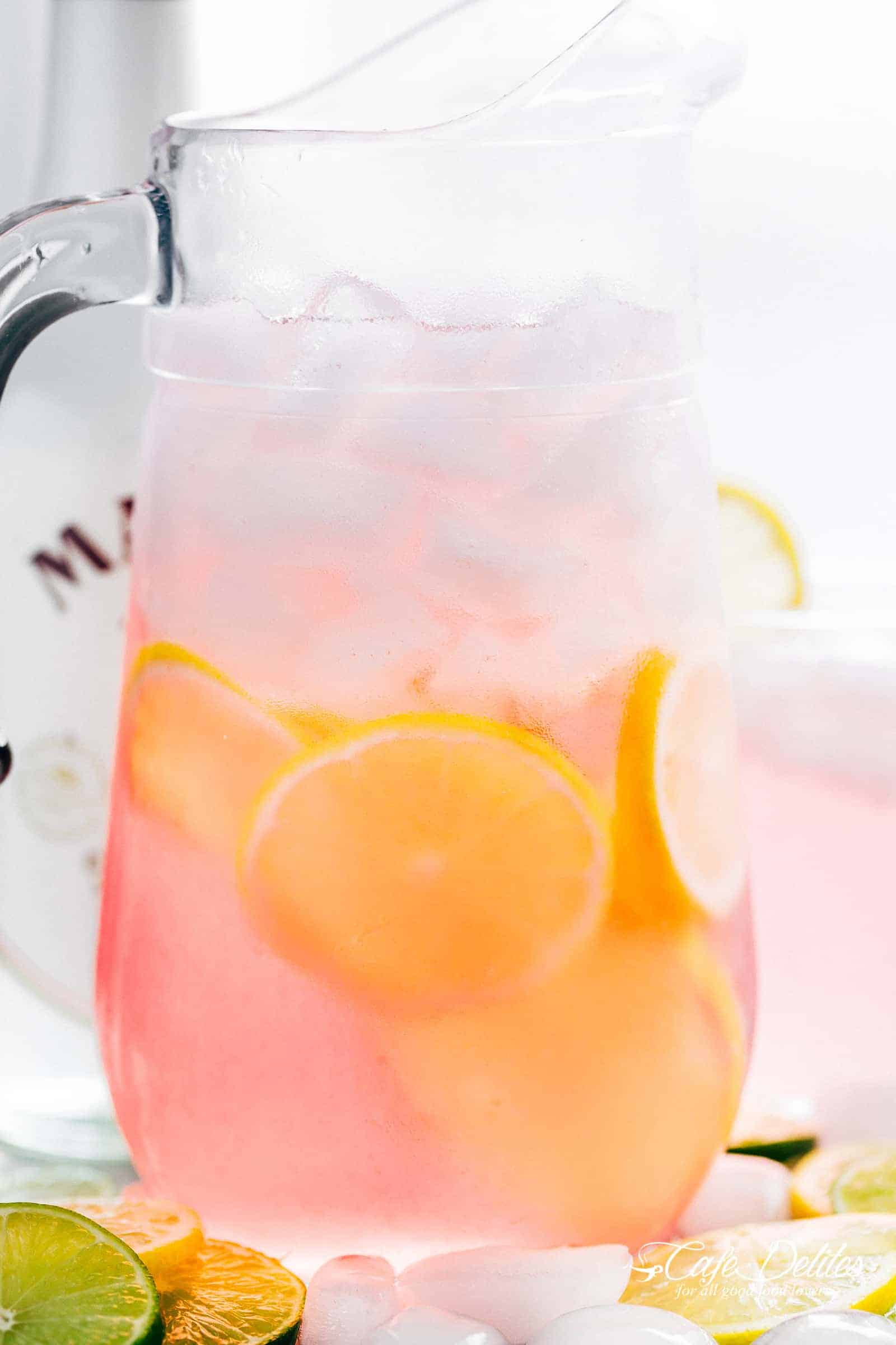 A pitcher of refreshing pink vodka lemonade.