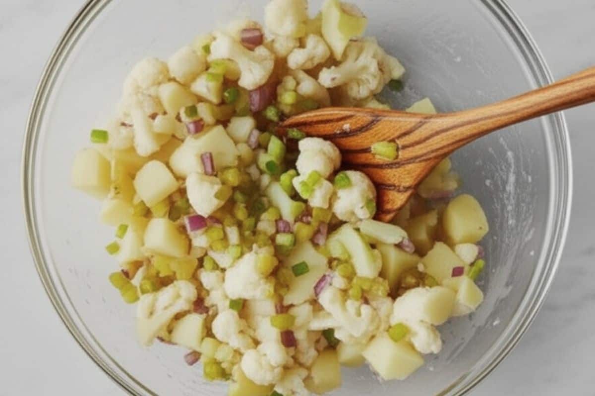 in a large bowl, add the cooled potatoes, cauliflower, red onions, dill pickles, celery and green onions
