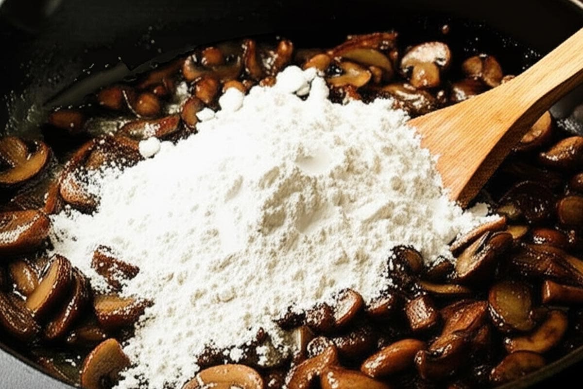 Flour and mushroom in a skillet.
