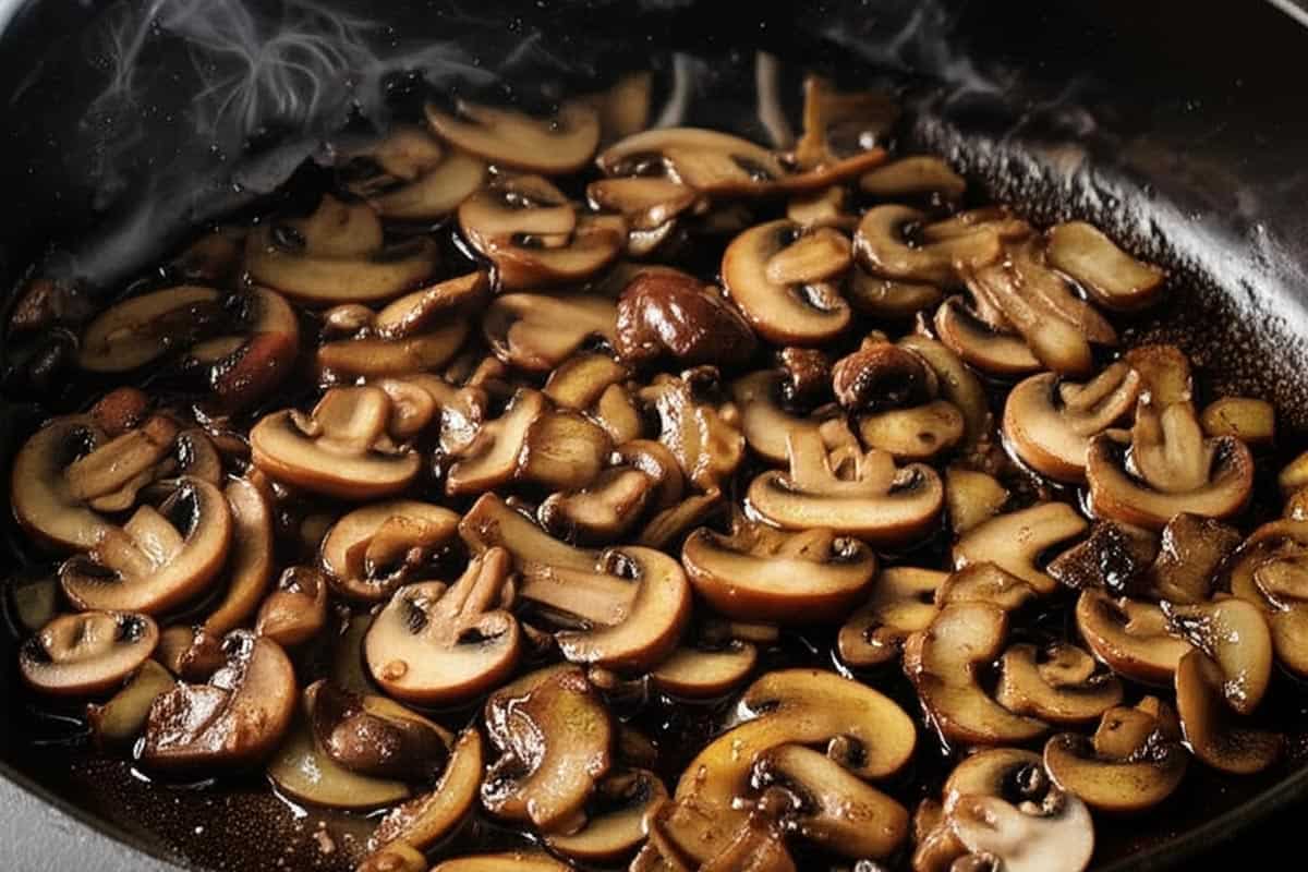 Cooking brown mushrooms in a skillet.