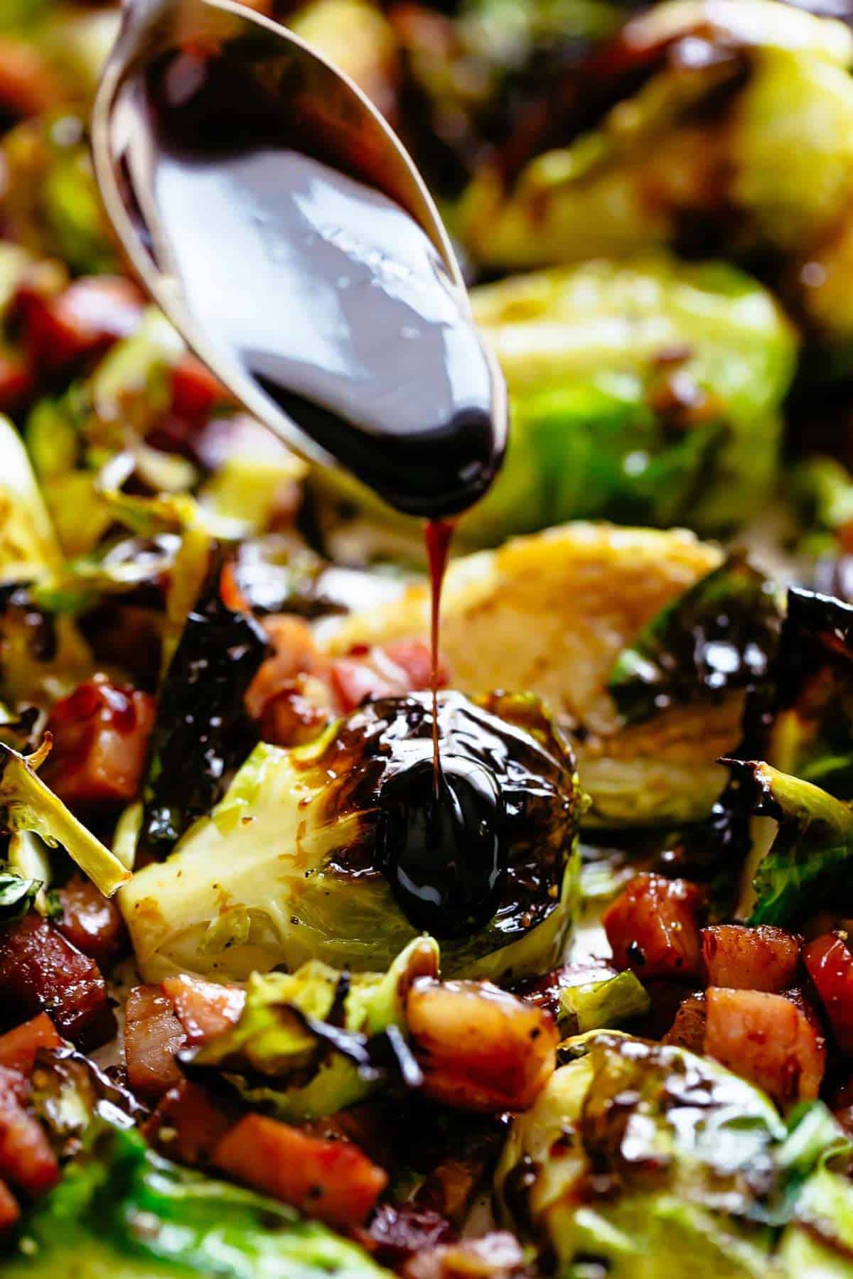 Balsamic Roasted Brussels Sprouts topped with sauce