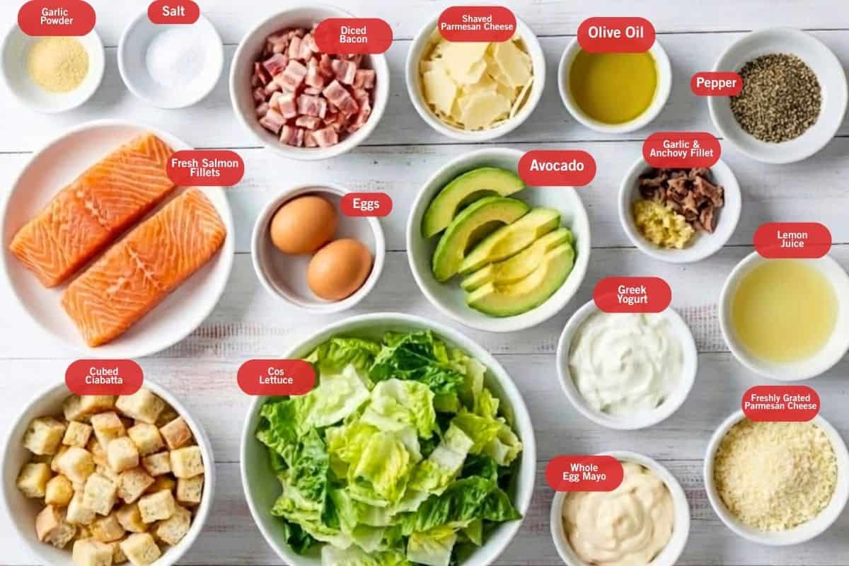 Flat lay photo of garlic powder, salt, diced bacon, shaved parmesan cheese, olive oil, pepper, fresh salmon fillets, avocado, garlic and anchovy fillet, lemon juice, eggs, cubed ciabatta, cos lettuce, greek yogurt, whole egg mayo, freshly grated parmesan cheese, olive oil