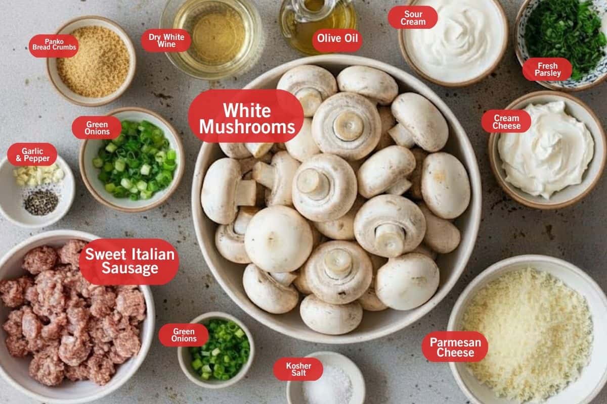 Flat lay ingredient shot of panko bread crumbs, dry white wine, olive oil, sour cream, cream cheese, fresh parsley, parmesan cheese, kosher salt, green onions, white mushrooms, sweet Italian sausage, garlic and pepper