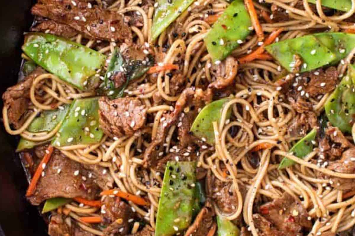 Close-up shot of Sesame Beef Stir Fry.