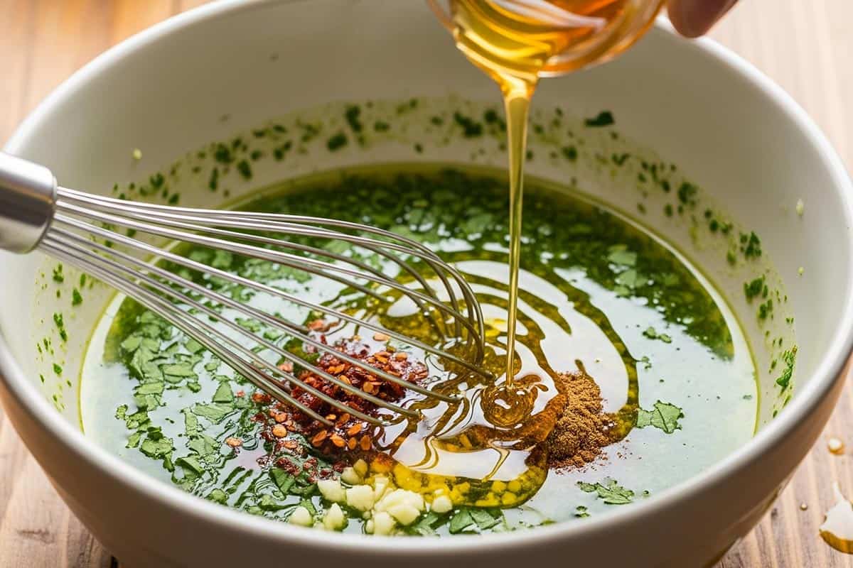 Pouring honey over whisked lime juice, parsley, olive oil, water, garlic, chili flakes, cumin, and salt in a bowl.