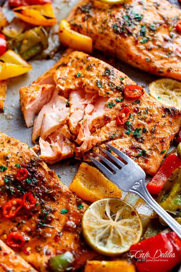 Sheet Pan Chili Lime Salmon with Fajita flavours, and a charred, crispy roasted trio of peppers