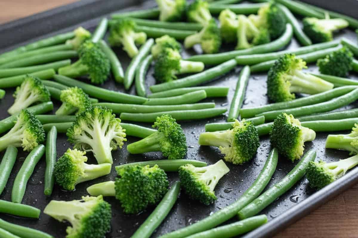 Spread broccoli florets and trimmed green beans on a tray.