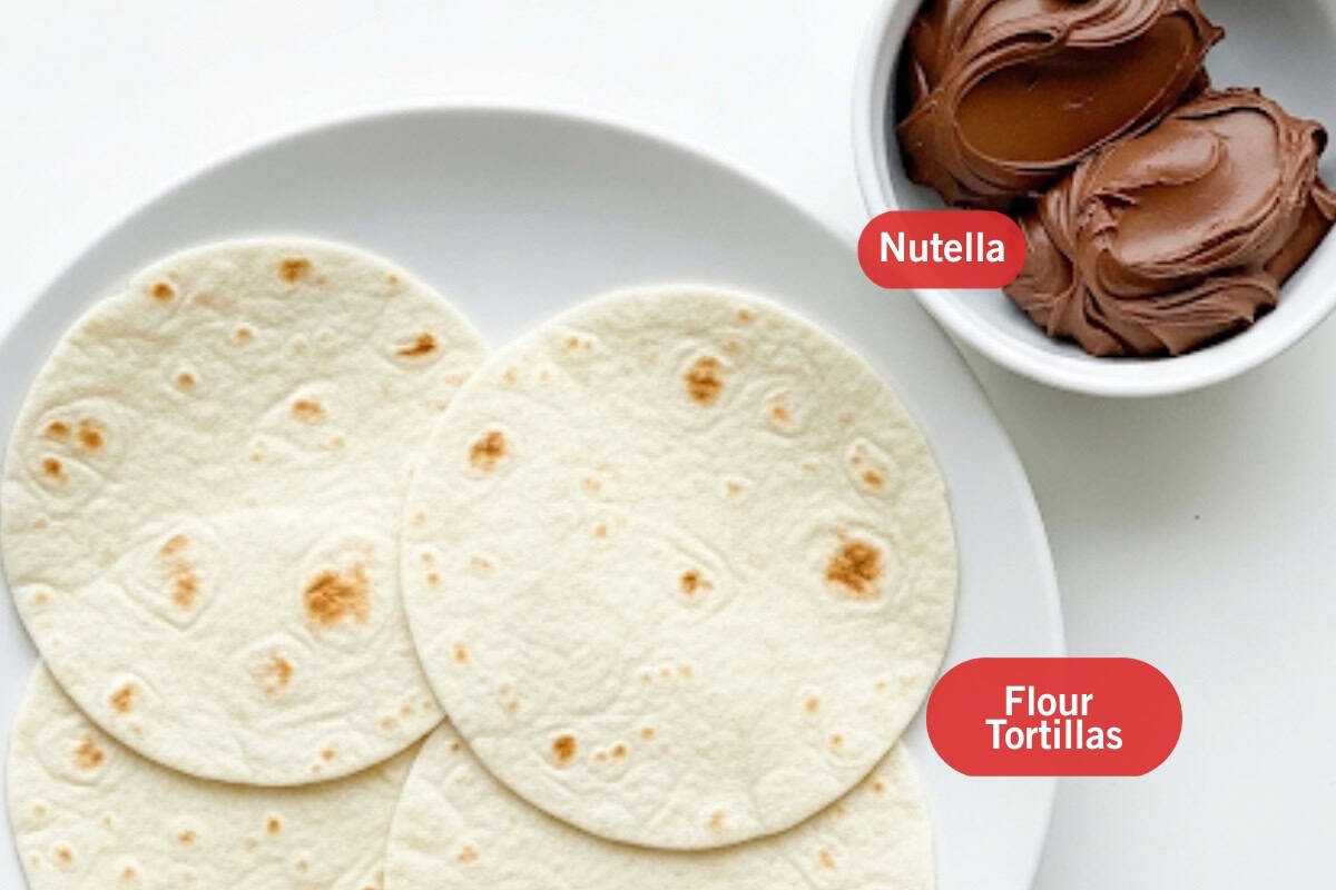 Flat lay photo of ingredient shot of mini flour tortillas, Nutella