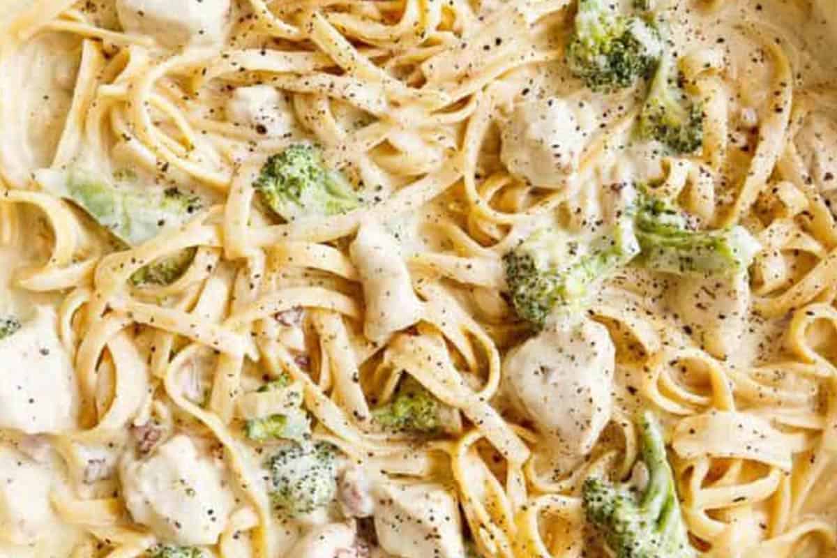 Close-up shot of Chicken Bacon Fettuccine Alfredo.