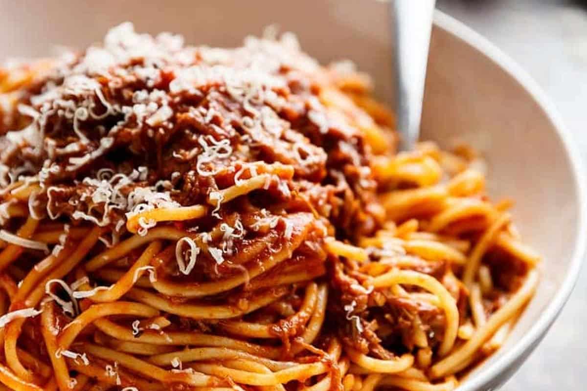 Close-up shot of Slow Cooker Beef Ragu.