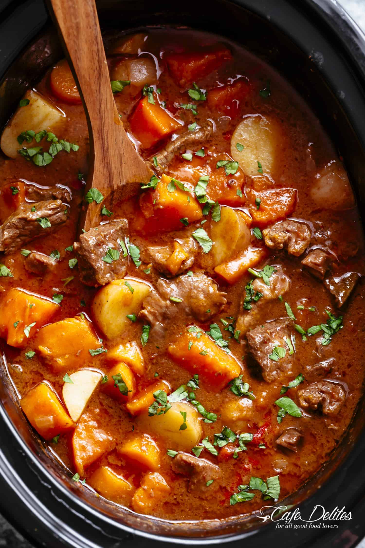 Slow Cooker Beef Stew and Sweet Potatoes