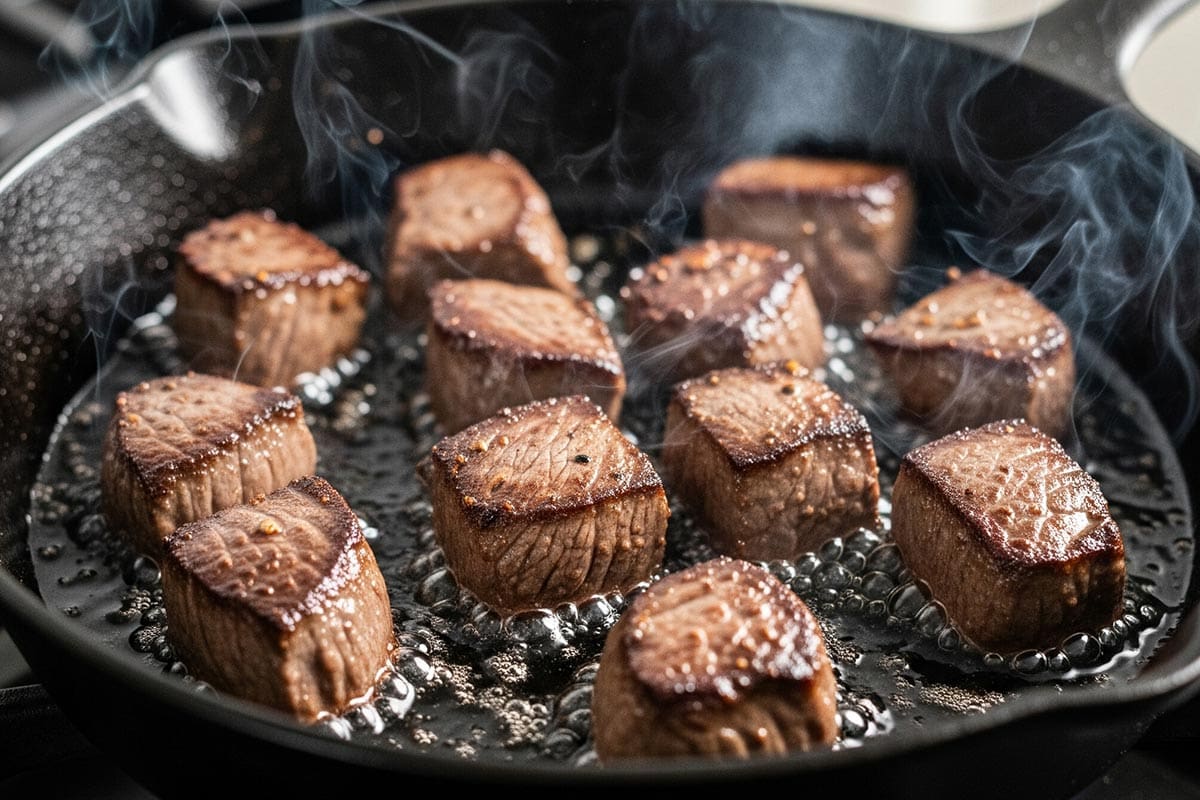 Searing the beef until browned in a skillet.