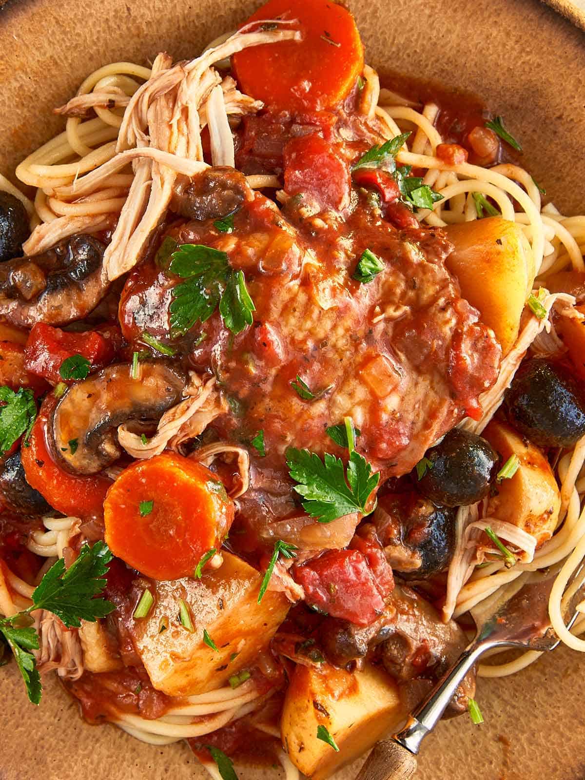 Slow cooker chicken cacciatore with bone-in chicken, potatoes, carrots, mushrooms, and olives in a rich tomato sauce served over spaghetti