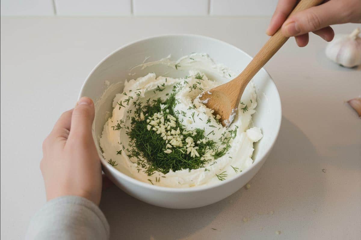 Combined the cream cheese, dill, and garlic in a bowl.