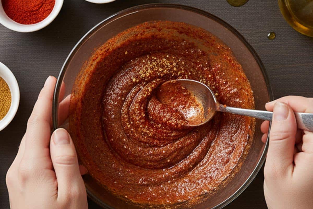 Combined paprika, cumin, garlic powder, chili powder and olive oil in a bowl.
