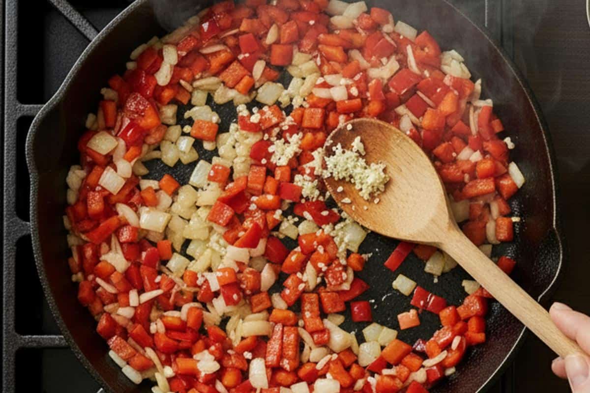 Sautéing the onion and red bell pepper in a skillet.
