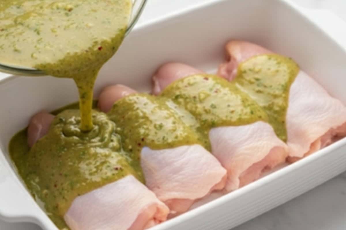 Pour half the marinade into a dish and marinate the chicken.