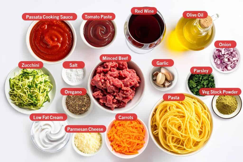 Flatlay image of ingredients for spaghetti bolognese arranged on a white surface. Visible items include minced beef, pasta, passata cooking sauce, tomato paste, red wine, olive oil, diced onion, garlic cloves, grated carrots, shredded zucchini, chopped parsley, salt, oregano, vegetable stock powder, low-fat cream, and grated Parmesan cheese.