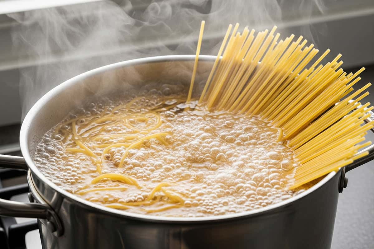 Spaghetti in a large pot of boiling water.