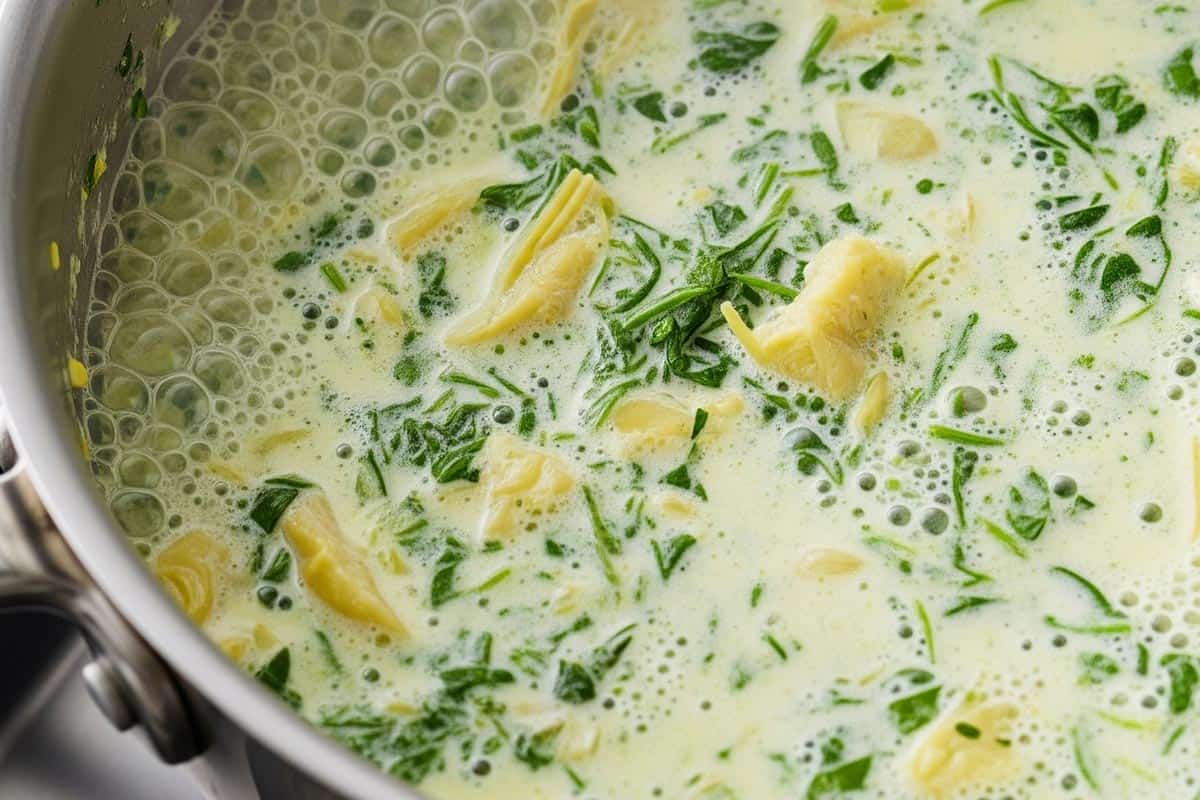 Combined half and half with the remaining spinach artichoke dip in the pan.