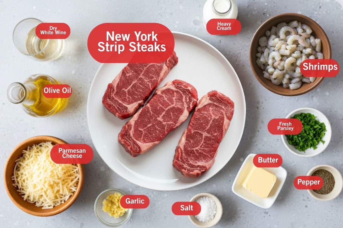 Flat lay photo of ingredient shot of New York strip steaks, heavy cream, shrimps, fresh parsley, butter, pepper, garlic, salt, parmesan cheese, olive oil, dry white wine