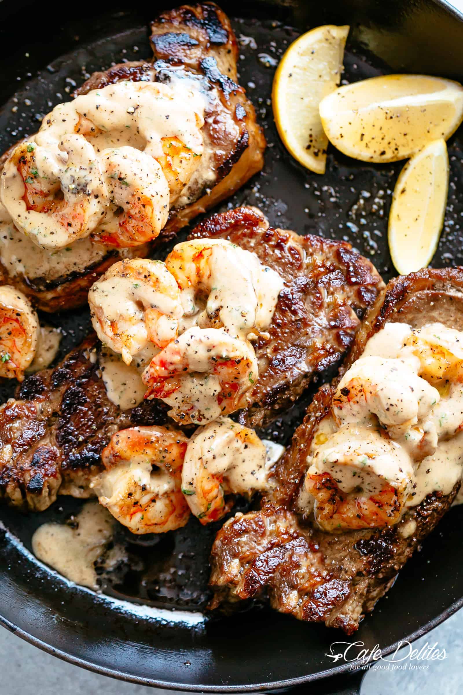 Steak And Creamy Garlic Shrimp on a pan