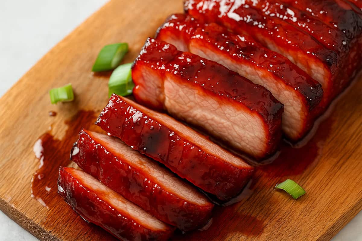 Close-up of sliced Char Siu pork belly with caramelized glaze and juicy, sticky texture, garnished with green onions.